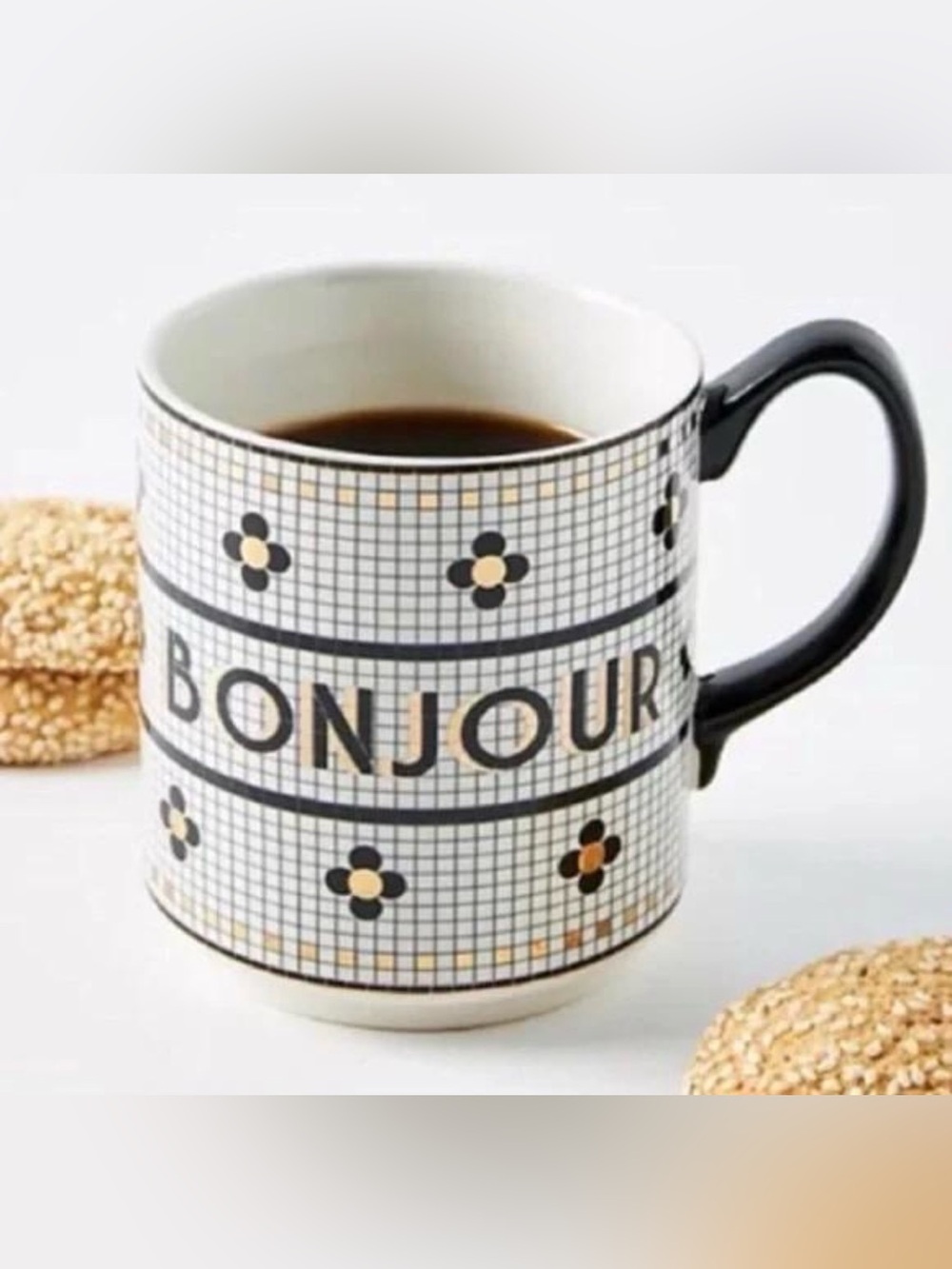 Anthropologie Rare Bistro Tile Bonjour Mug 24K Gold Accent